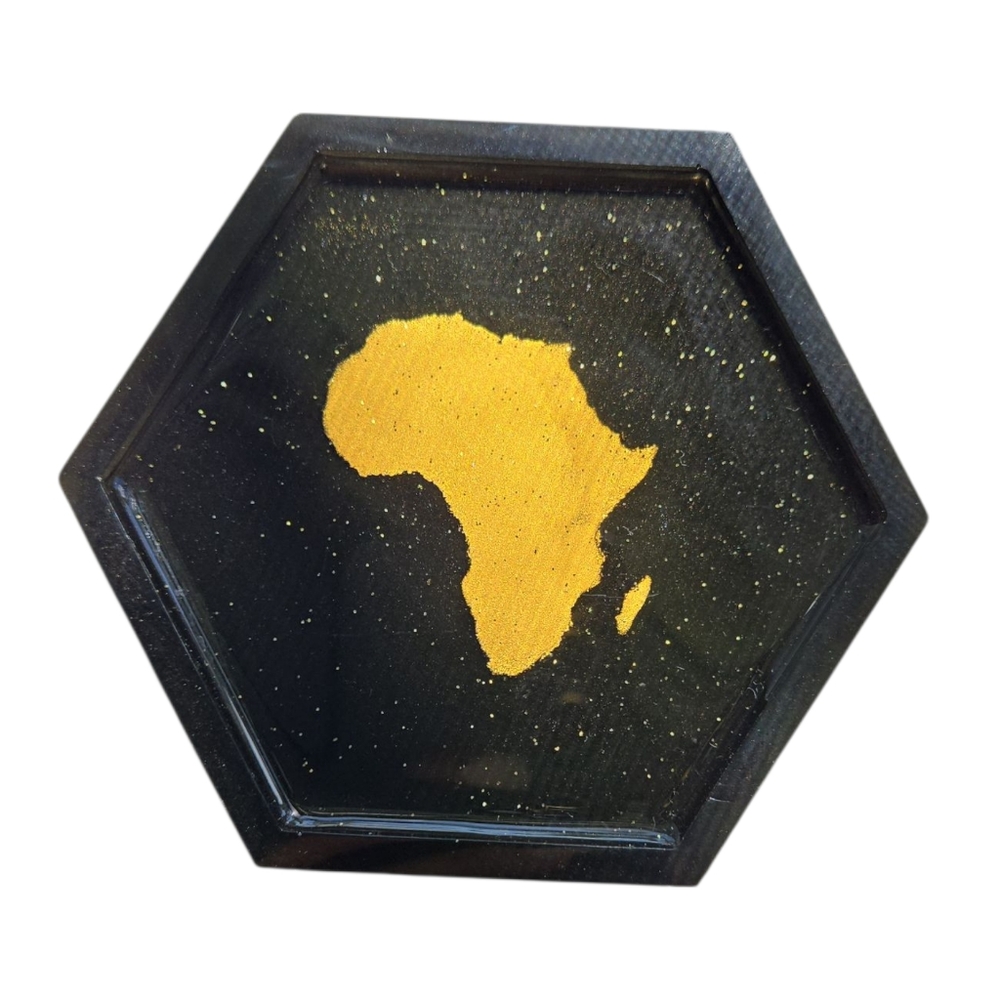 Coaster with Gold Africa Design- Handmade Resin - Hexagon shape